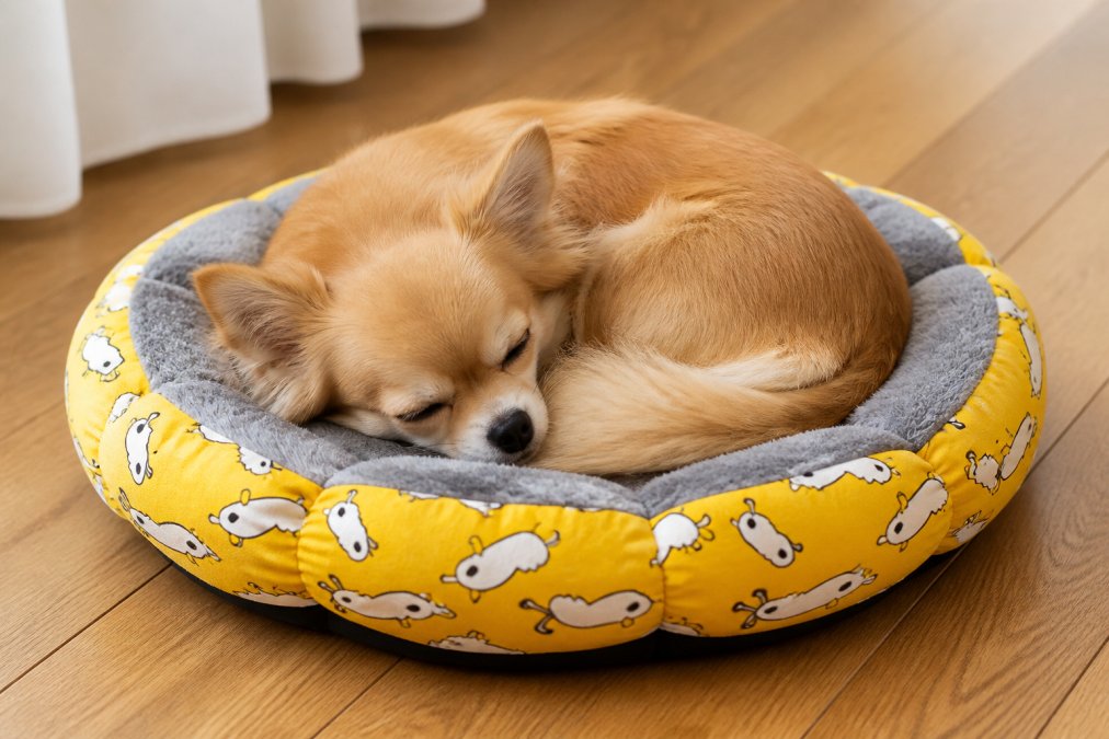 A small dog curled up nesting in a donut-style pet bed with raised sides, showing natural sleeping posture and comfort, photographed in soft natural daylight