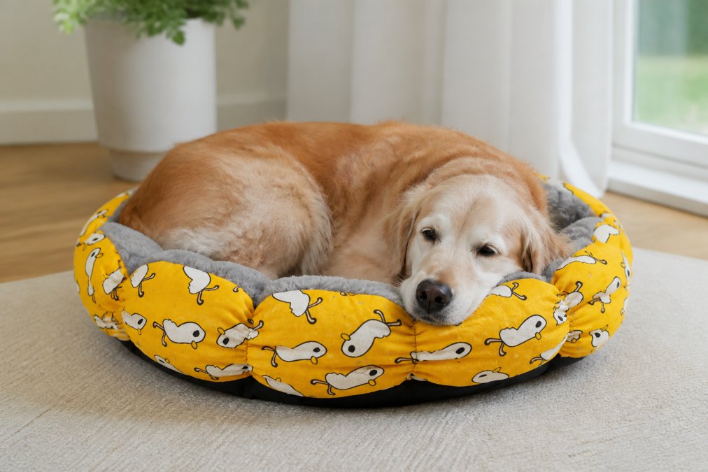 An older dog resting peacefully on a plush orthopedic bed with raised supportive sides, showing comfort and proper spinal alignment in natural daylight