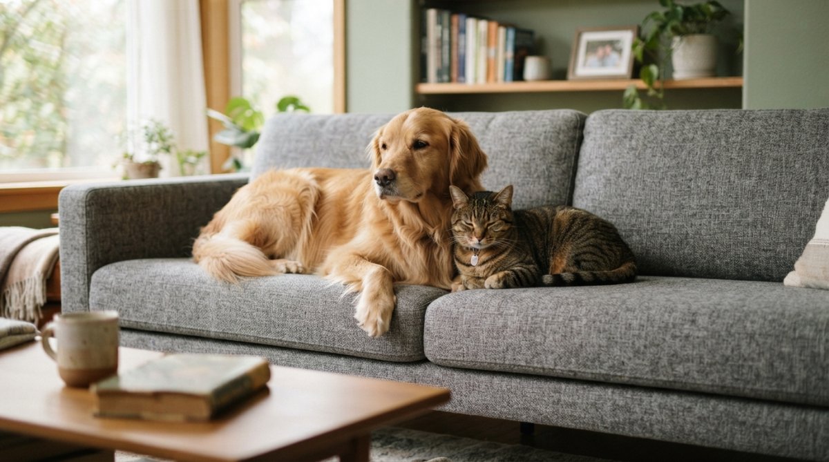 A tabby cat and golden retriever sitting together on a gray performance fabric couch, demonstrating how the material withstands pet presence without visible wear or staining
