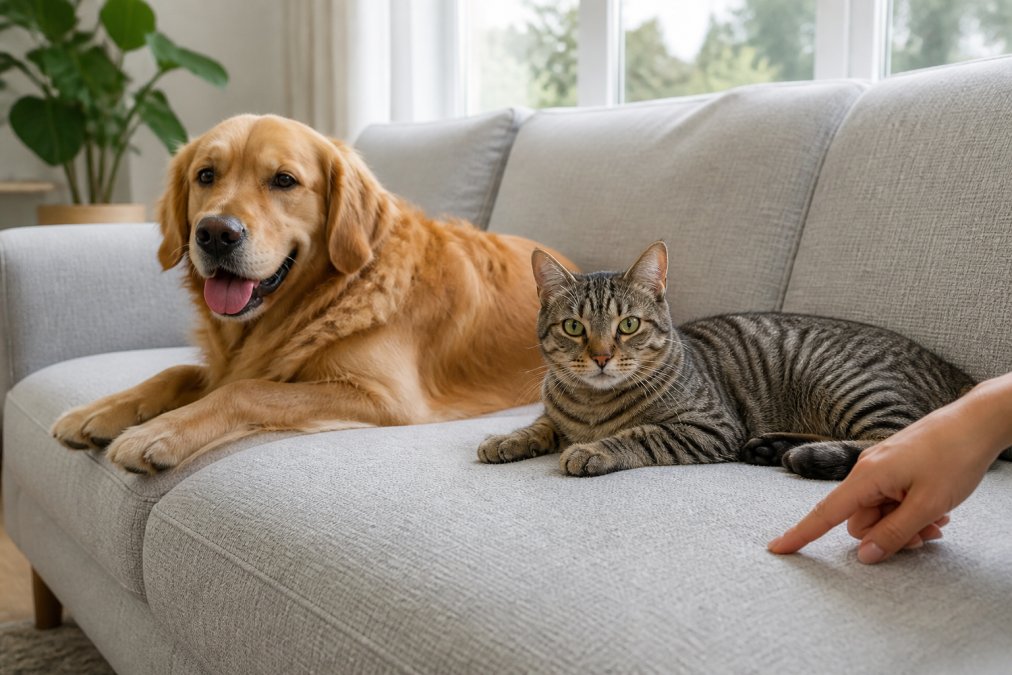 A golden retriever and a grey tabby cat resting on a light grey modern sofa while a person's hand points to the woven fabric texture, bright living room with large windows