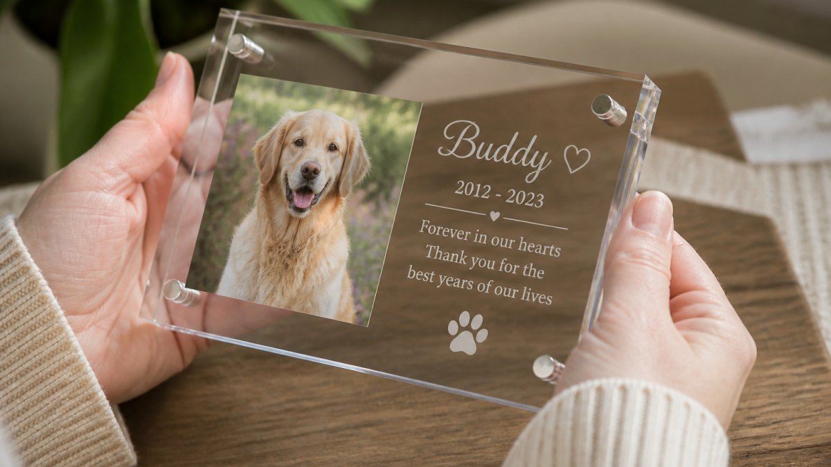 Close-up of hands holding an engraved acrylic memorial keepsake with a pet photo visible through the clear acrylic, showing personalized text and paw print details in soft natural lighting