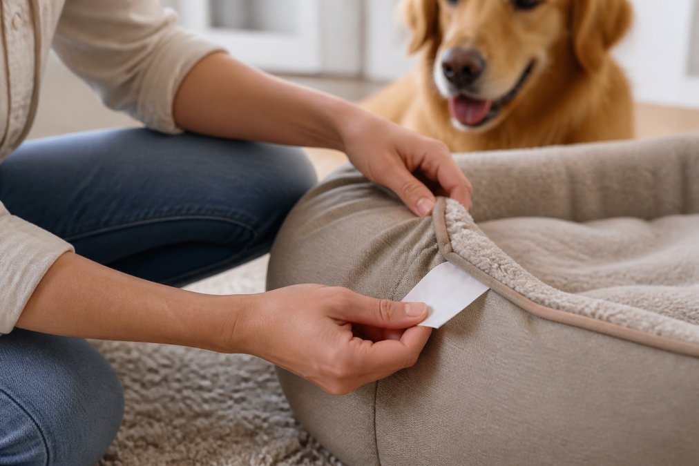 Close-up of pet owner's hands carefully examining a dog bed or toy, reading material safety tags and inspecting fabric texture for durability and quality