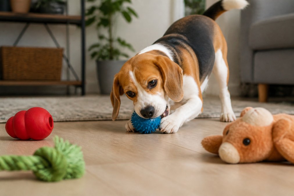 Energetic dog or cat actively engaged in play with durable, well-constructed toys in a bright home setting, showing safe interaction with toys designed for different play styles