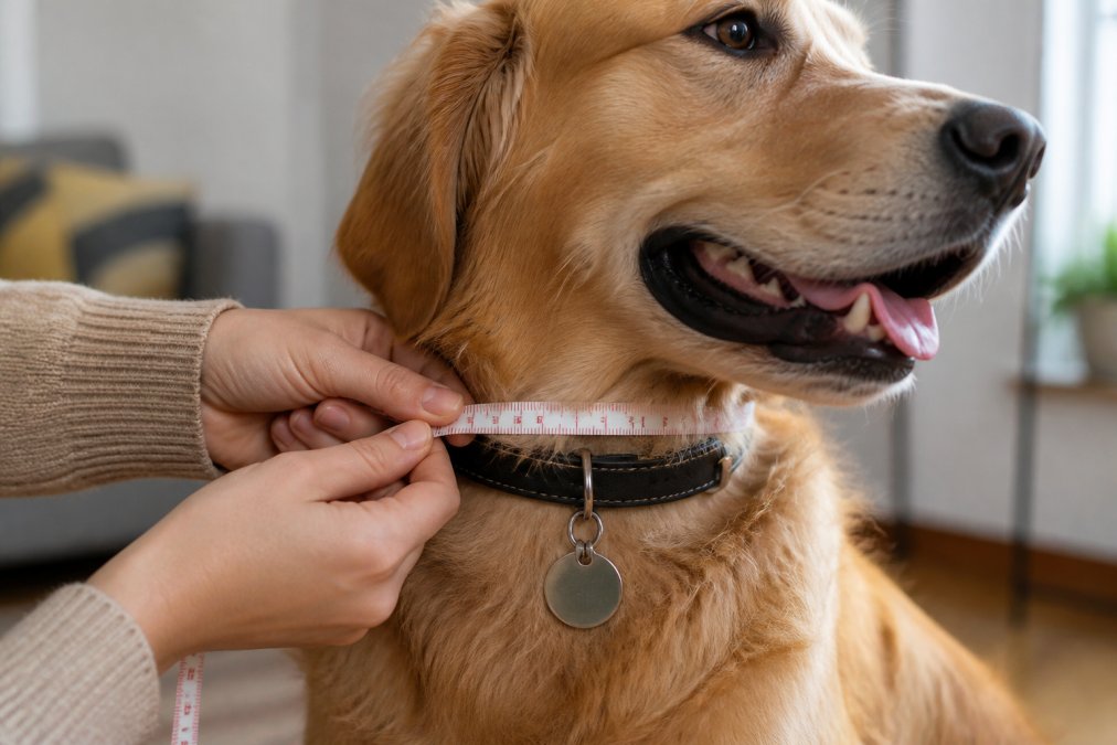 Close-up of a person's hands measuring a dog's neck with a soft measuring tape, showing proper placement around the collar with a pet tag dangling from a split ring, natural indoor lighting