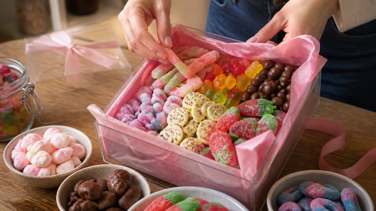 Hands carefully layering assorted colourful sweets into a clear gift box, showing vibrant gummies, chocolate pieces, and fizzy sweets arranged in decorative patterns with tissue paper