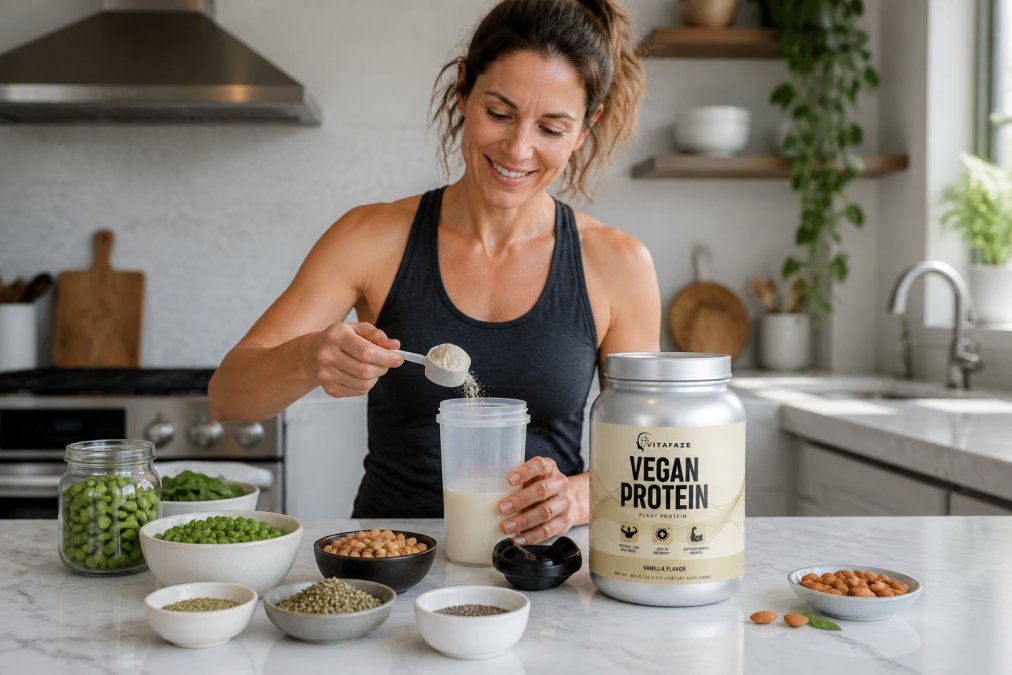 A fit woman in her mid-40s preparing a plant-based protein shake in a bright modern kitchen, surrounded by whole food ingredients like peas, seeds, and nuts on a white marble counter