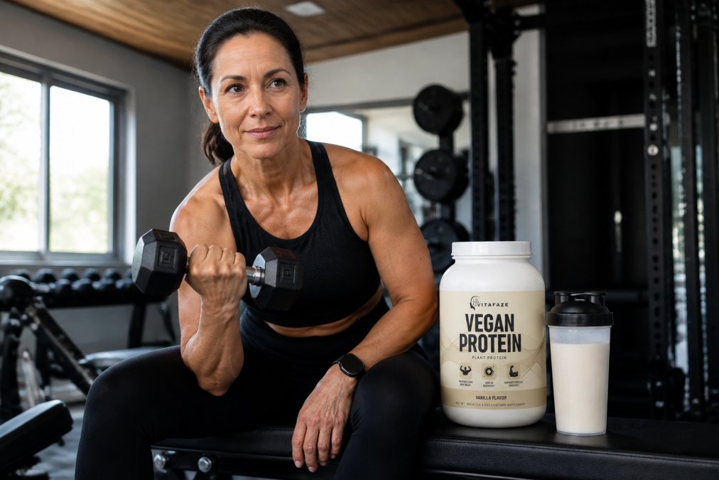 A woman in her mid-40s doing strength training with dumbbells in a well-lit gym, wearing workout gear, with a protein shaker bottle visible on a nearby bench