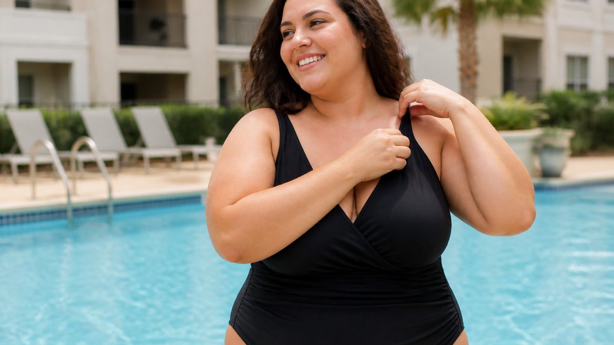 Confident plus-size woman in a black one-piece swimsuit adjusting a strap by a sunny pool
