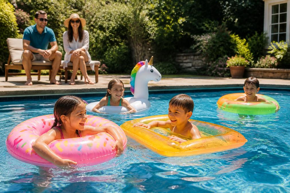 A family with children of different ages playing with colorful inflatable pool toys in a sunny backyard swimming pool, parents watching from the pool deck