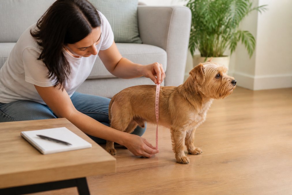 A pet owner using a soft measuring tape to measure a small dog's shoulder height while the dog stands calmly on a light wood floor in a bright living room, with a notebook and pen nearby on a coffee table