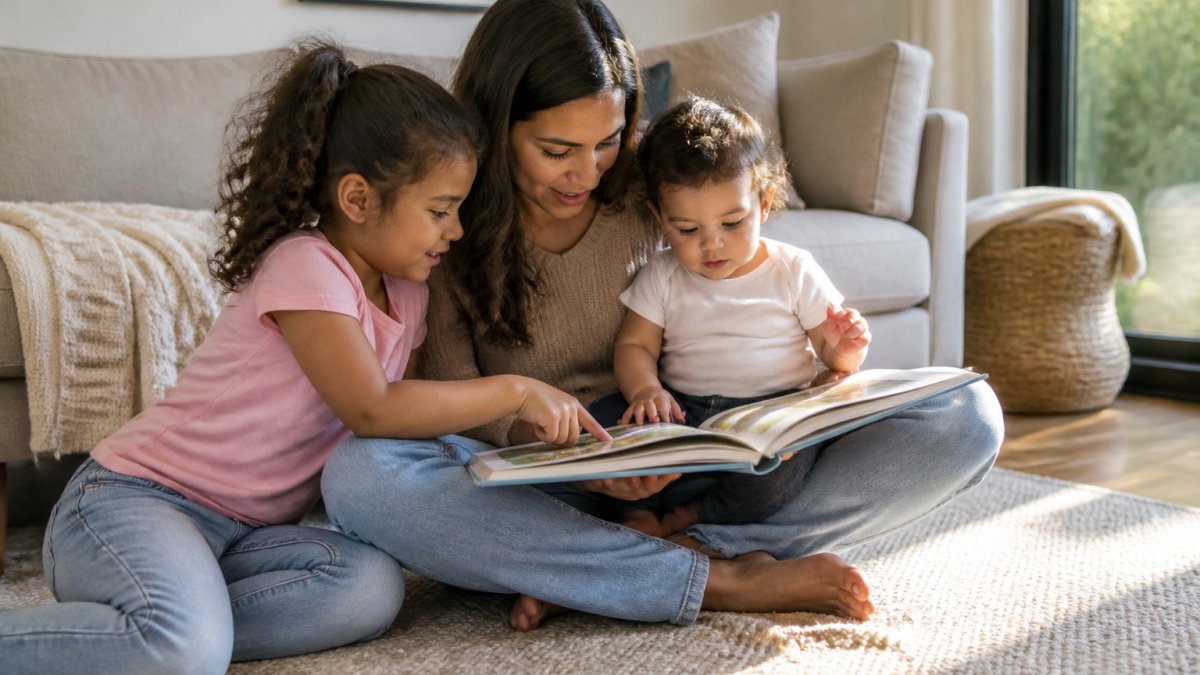 A parent sitting cross-legged on a living room rug with two children of different ages, all looking at the same open picture book, afternoon sunlight across the floor