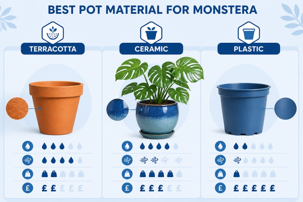 Three different terracotta, ceramic, and plastic pots arranged side-by-side displaying their texture and material differences, with a healthy Monstera plant visible in the ceramic pot showing the scale and fit