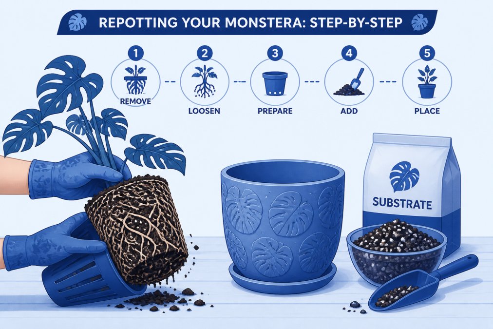 Hands carefully removing a Monstera from its old pot, showing the root system and soil visible, with a new pot and fresh substrate arranged nearby on a clean work surface