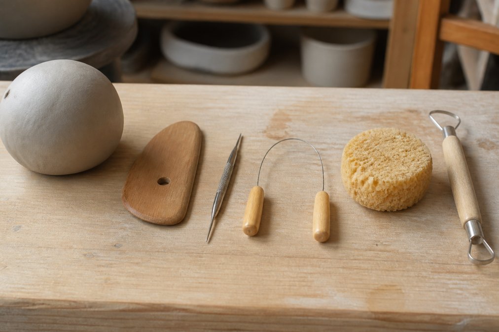 A beginner potter's workbench with a wooden rib, needle tool, wire cutter, damp sponge, and loop tool arranged on a clean surface beside a ball of clay under soft studio light