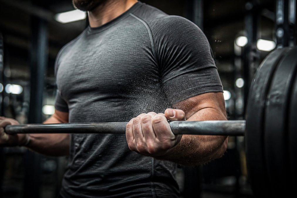 Powerlifter gripping a knurled barbell while wearing durable, moisture-wicking powerlifting apparel in the gym.