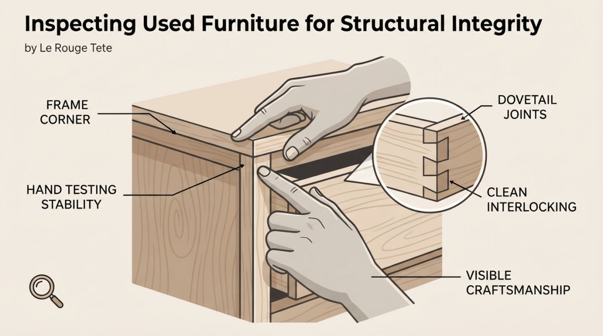 Close-up of hands carefully examining dovetail joints and frame corners on a wooden furniture piece, showing proper inspection technique with a flashlight illuminating the joints