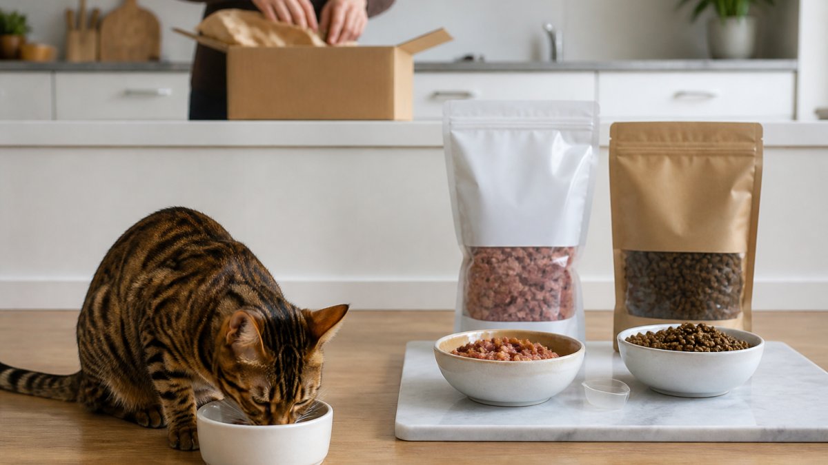 Cat eating from a ceramic bowl while a person unpacks a fresh pet food delivery on a kitchen bench
