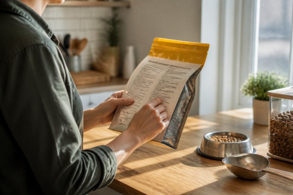 Close-up of hands holding a pet food bag and examining the ingredient list in natural morning light on a kitchen counter