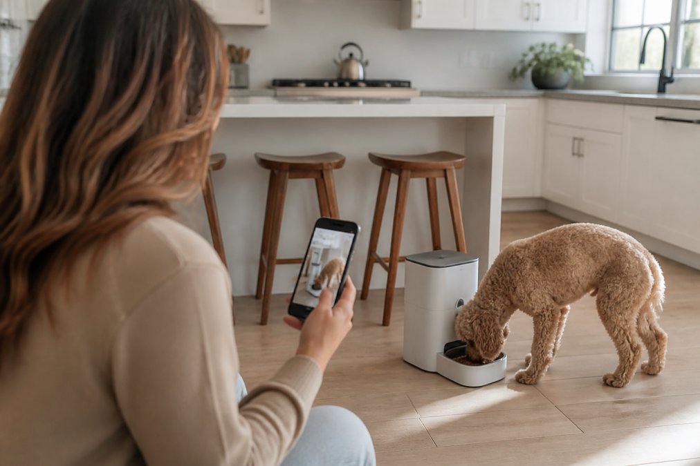 Pet owner checking smartphone app displaying a live camera feed of their dog eating from an automatic feeder in a modern kitchen