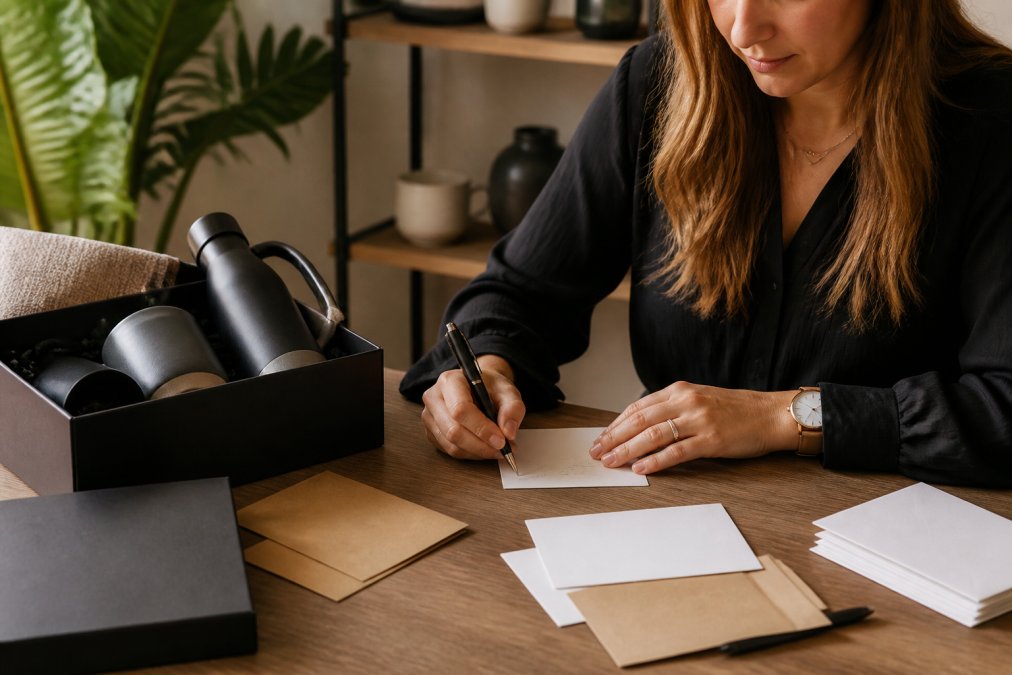 Professional hands writing a personal note for premium settlement gifts at an elegant workspace with branded materials.