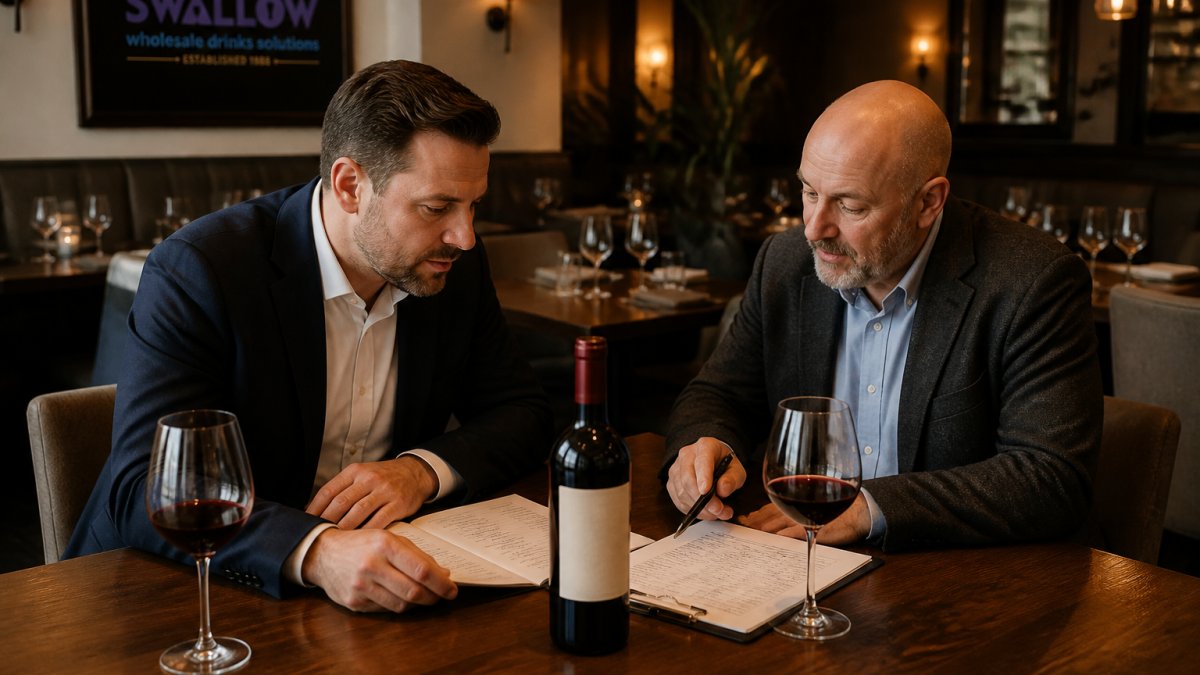 A restaurant manager and a supplier representative reviewing a printed wine list and pricing notes at a wooden table in a warm, dimly lit dining room, a single bottle of red wine and two glasses between them