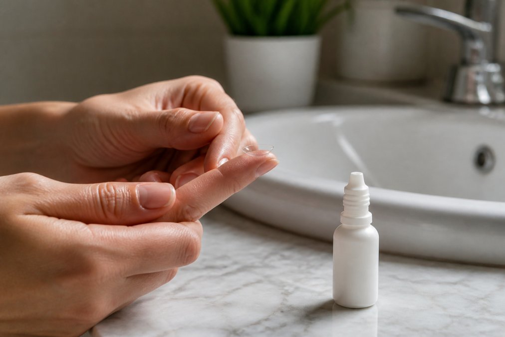Person holding a contact lens on fingertip with a bottle of preservative-free eye drops nearby on a clean bathroom counter, natural lighting