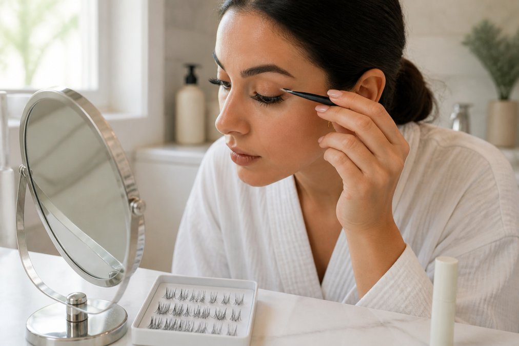 Close-up of a woman's hands using pointed tweezers to place a press-on lash cluster at the outer corner of her eye, small mirror and lash tray on a clean bathroom counter, soft daylight from a window