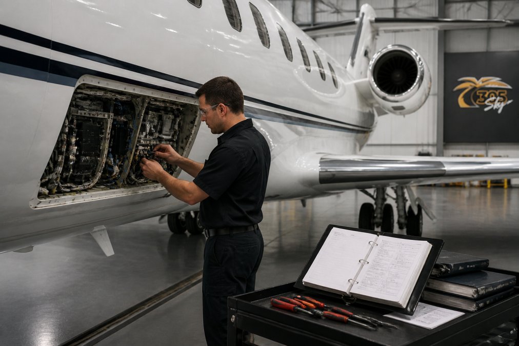 Aviation technician inspecting private jet avionics in an open bay within a certified maintenance hangar