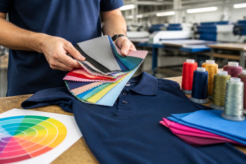 Hands holding fabric swatches against company polos with thread spools and a color wheel on a studio table