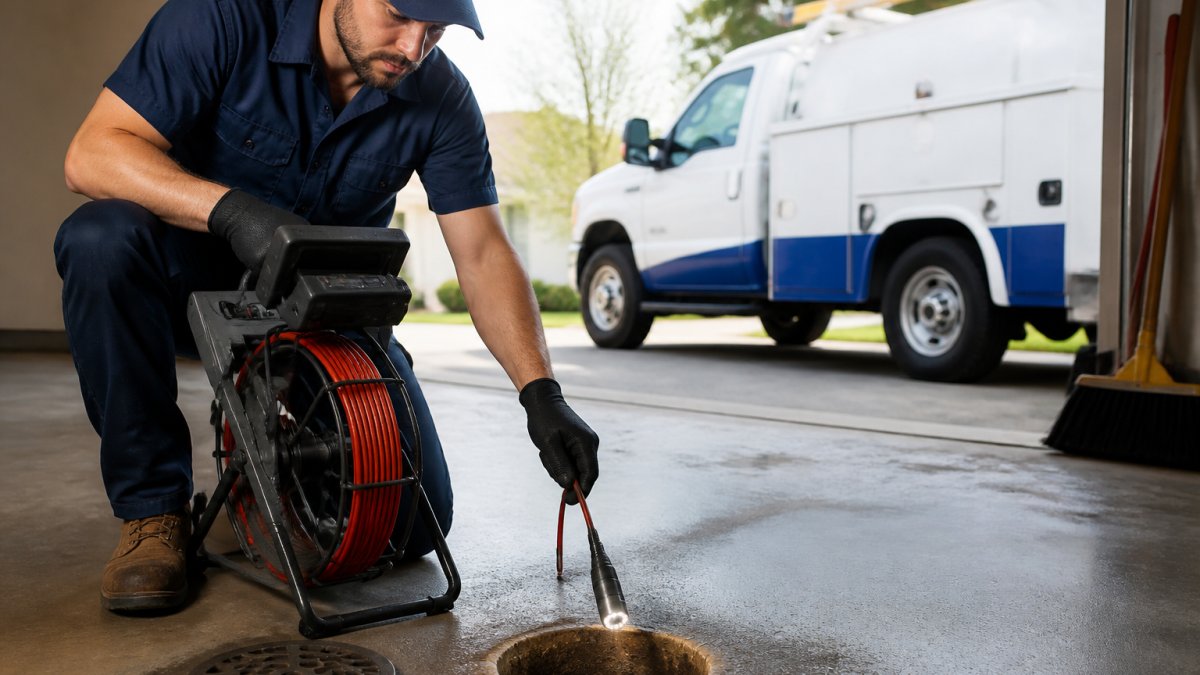 Plumber using a camera inspection reel for drain cleaning in a garage
