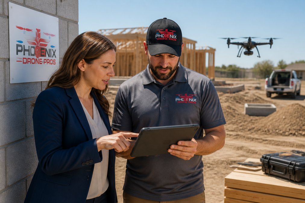 Real estate agent and pilot reviewing professional drone photography of a construction site on a tablet