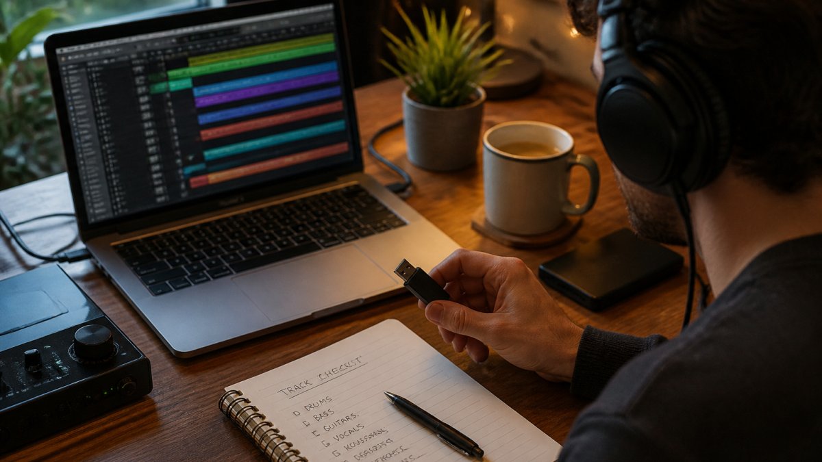 A home studio desk with a laptop showing a DAW timeline, a USB drive and notebook beside it, and a musician reviewing exported track files under warm desk lighting
