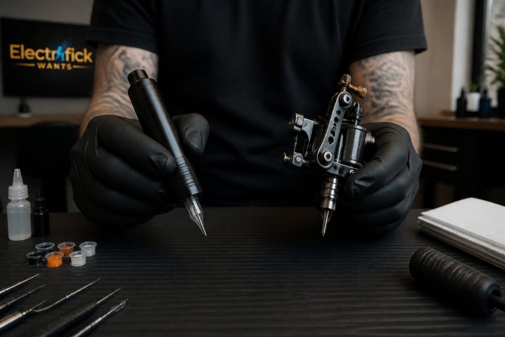 Close-up of a tattoo artist's hands holding a rotary pen machine and a traditional coil machine side by side on a clean workstation, focused lighting highlighting the different mechanisms