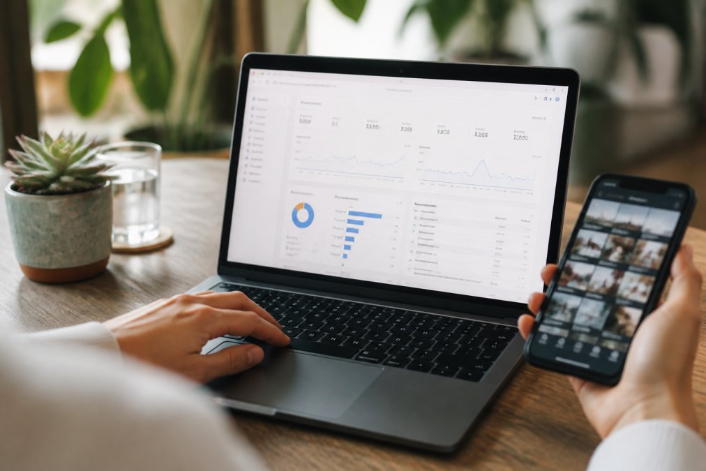 Laptop screen displaying Instagram analytics dashboard with engagement metrics, audience demographics, and growth charts visible