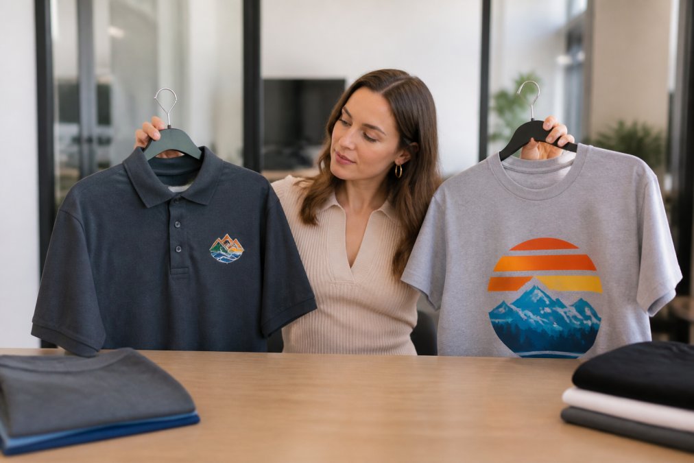 Side-by-side close-up of a polo shirt with an embroidered logo next to a t-shirt with a screen-printed graphic, held by a marketing professional in a bright office