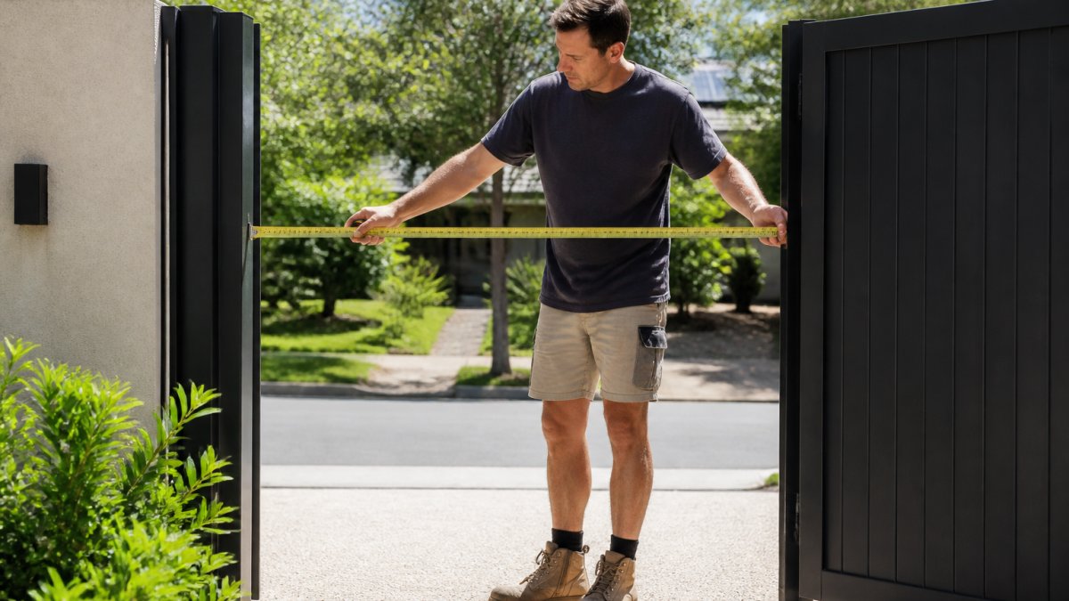 Homeowner measuring residential gate opening with tape measure, checking width and height clearance for equipment access, bright daylight
