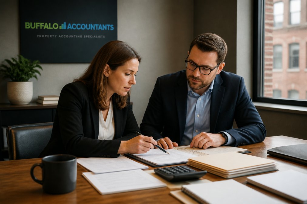 Property manager and accountant reviewing financial data and property information on computer screen in modern office with documents, discussing system implementation and migration strategy