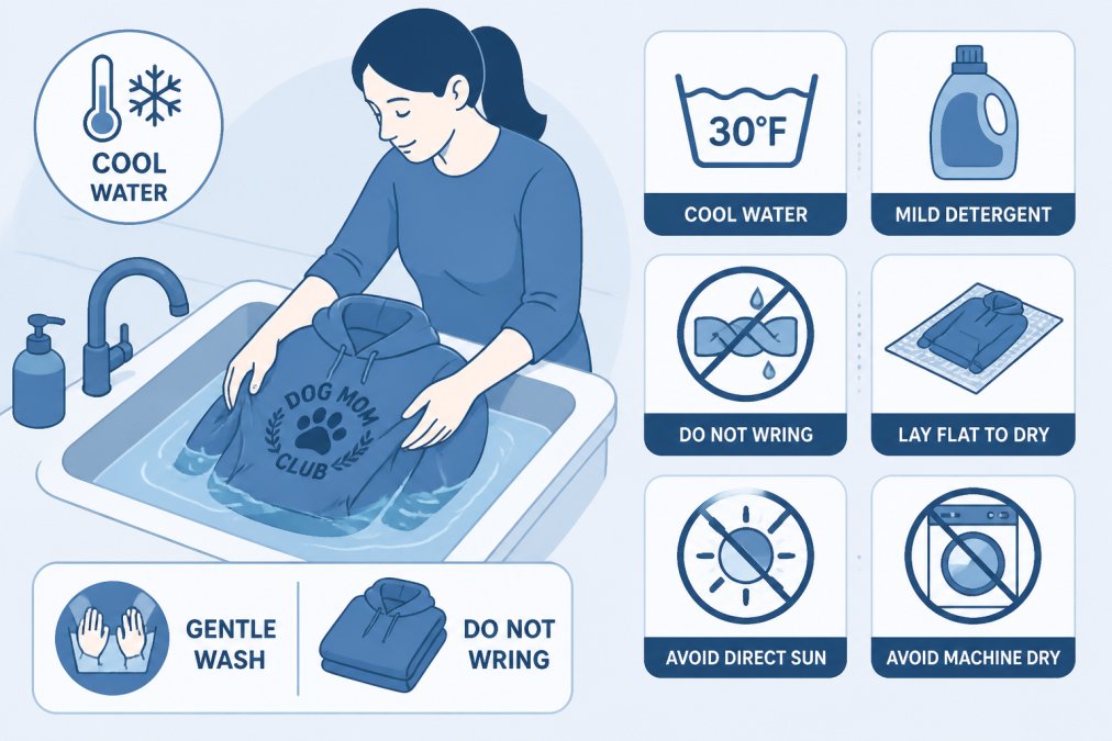 Person gently washing a cotton hoodie in a sink with cool water, showing proper care technique and handling to prevent shrinkage and damage