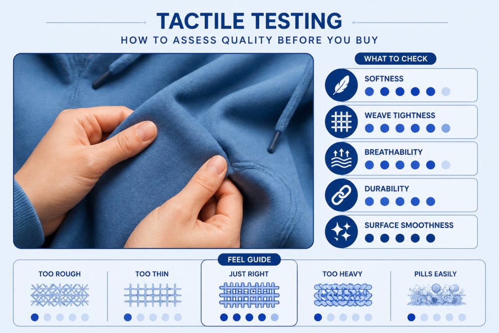 Close-up of hands examining a cotton hoodie fabric, feeling the texture and weave with natural lighting showing the hand feel and surface smoothness