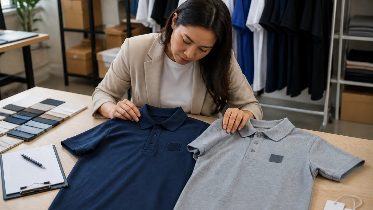 A procurement specialist at a table comparing two branded polo shirts side by side, examining the stitched logo and fabric texture under bright office lighting, with a clipboard and sample tags nearby