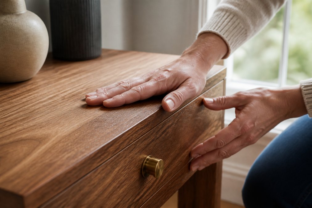 Close-up of hands running along the grain of a solid wood side table, brass hardware detail visible, bright home setting with soft window light