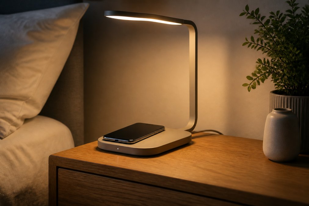 Infographic showing the efficiency of quality household gadgets like wireless chargers and LED bedside lamps.