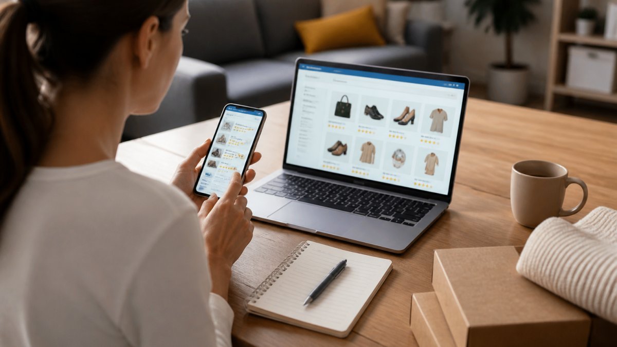 Person at desk with laptop and smartphone, examining product pages and reading customer reviews with a notepad for notes nearby
