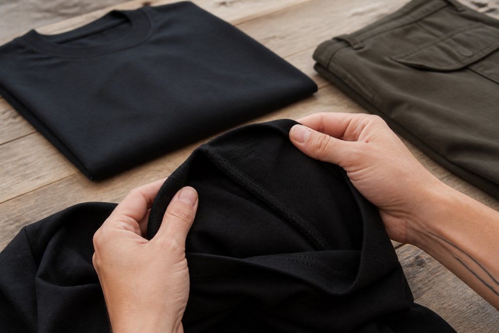 Close-up demonstrating how to inspect seams and stitching on quality streetwear to verify craftsmanship.