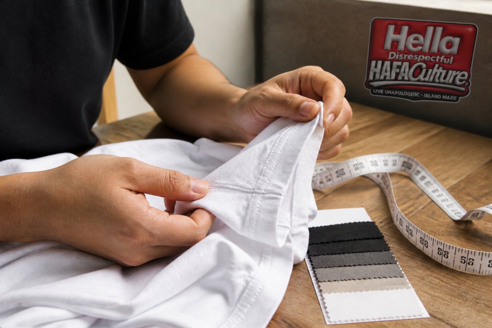 Close-up of hands inspecting cotton t-shirt seams and stitching to identify common garment construction flaws