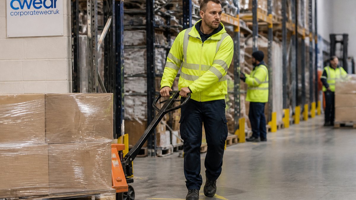 Warehouse operative in high-visibility workwear pushing a pallet trolley along a busy distribution centre aisle