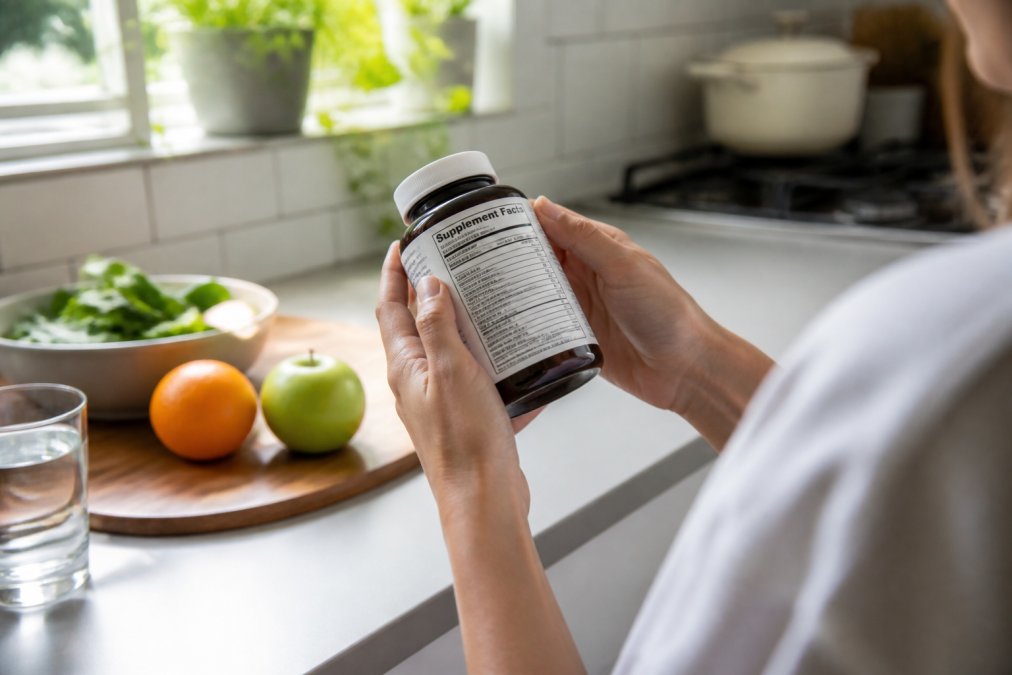 Close-up of a person's hands holding a wellness product bottle in a bright kitchen, turning it to read the supplemental facts panel on the back label, morning light through a window