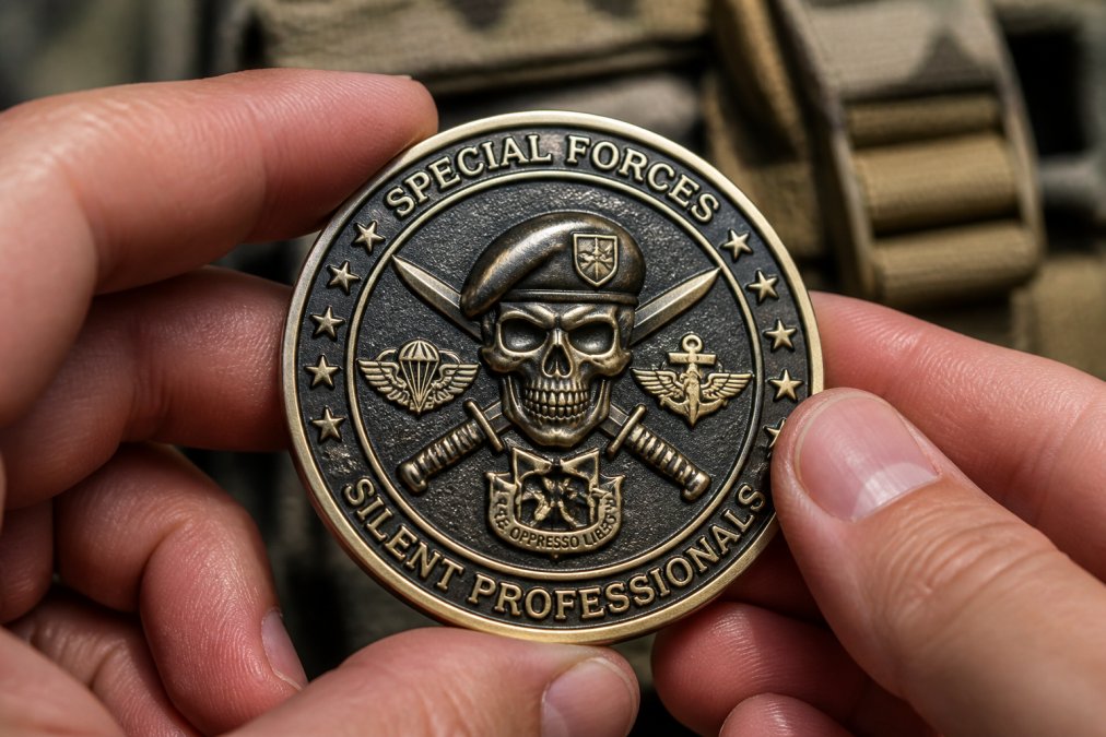 Close-up of a custom military challenge coin held in hands, showing detailed emblem, crisp text, and antique finish with selective polishing in natural daylight