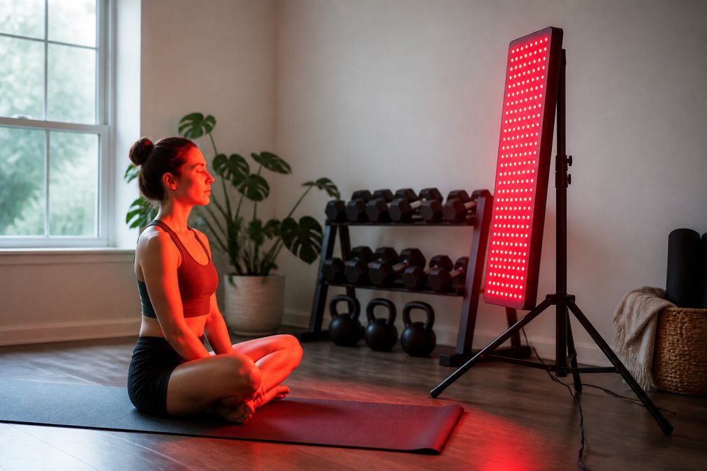 A person sitting cross-legged on a yoga mat in a bright home gym, facing a large red light therapy panel on a stand, the panel glowing deep red and illuminating their face and torso