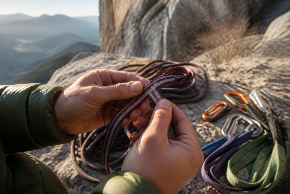 Close-up of a climber's hands carefully inspecting a sewn loop sling for frayed fibers against a rocky cliff backdrop in late afternoon light